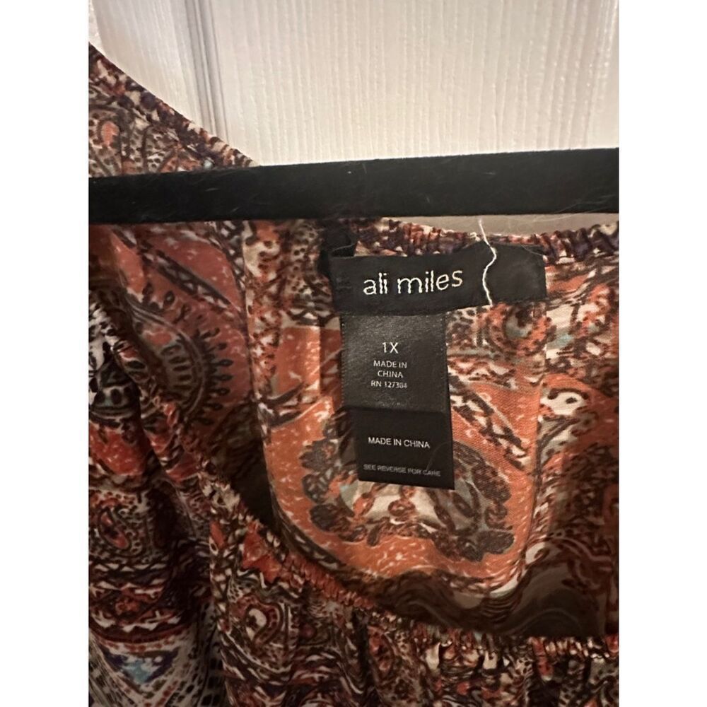 Ali Miles Boho Printed Fringe-Hem Peasant Top in Multicolor 1x - Picture 2 of 9